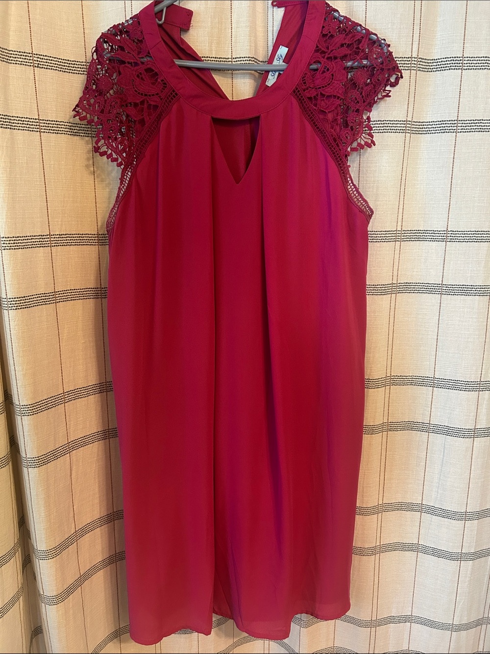 She + Sky Raspberry Crochet-Sleeve Shift Dress